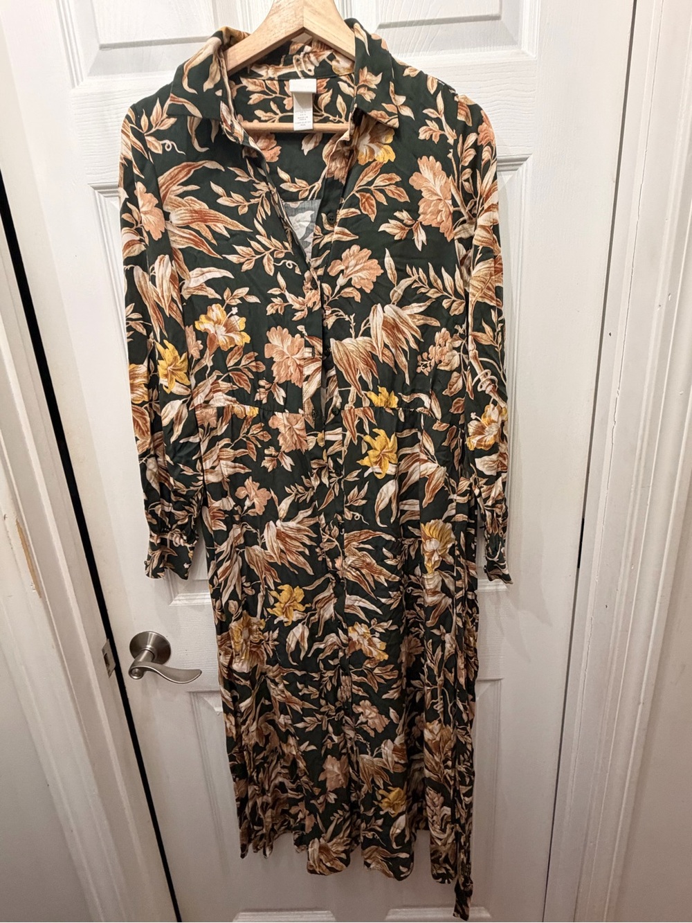 H&M Dark Green Floral Midi Dress with Tan and Yellow Accents